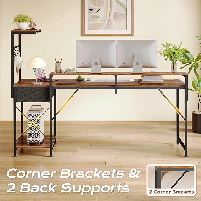 63 Inch Gaming Desk with LED Lights & Power Outlets | Computer Desk with Drawer & Storage Shelves, Office Writing Desk with Monitor Stand for Work from Home, Rustic Brown