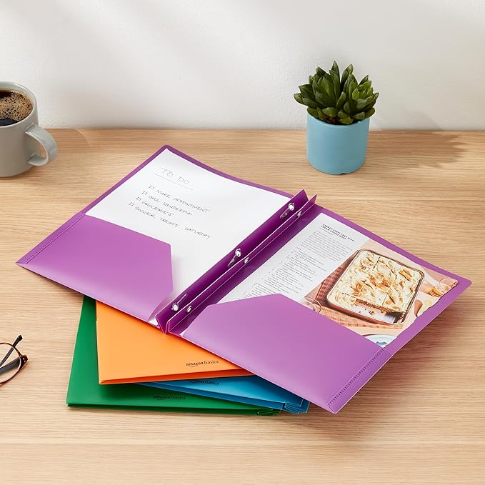 Amazon Basics Heavy Duty Plastic Folders with 2 Pockets for Documents, Letter Size Paper, School Supplies Organization, Assorted Colors, Pack of 24