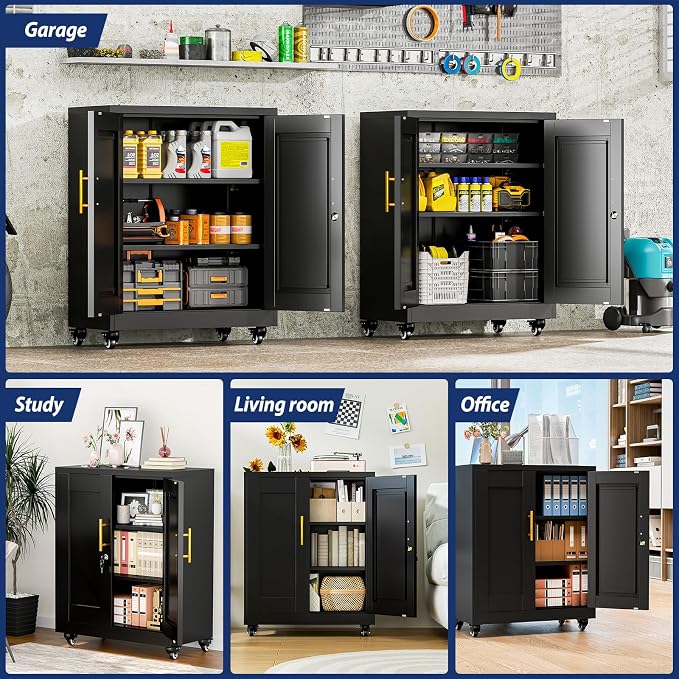 PAOFIN Metal Storage Cabinet-35” Tall Steel File Cabinets with Lockable Doors and Adjustable Shelves, Steel Tool Cabinet with Wheel for Home, School, Office, Garage Black
