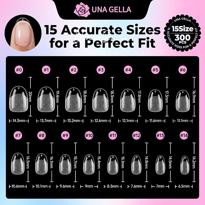 UNA GELLA Oval Gel Nail Tips Short 15 Sizes Full Cover Pre-Etched 300PCS | Easy DIY Salon Oval Almond Press On Nails, Snug Fit & Long-Lasting Hold for Daily Wear, Home DIY Salon