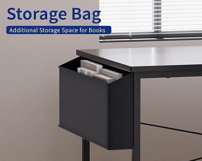 Pamray 47 Inch Reversible L Shaped Gaming Desk Corner Computer Desk with Storage Bag Home Office Table for Writing Study Black