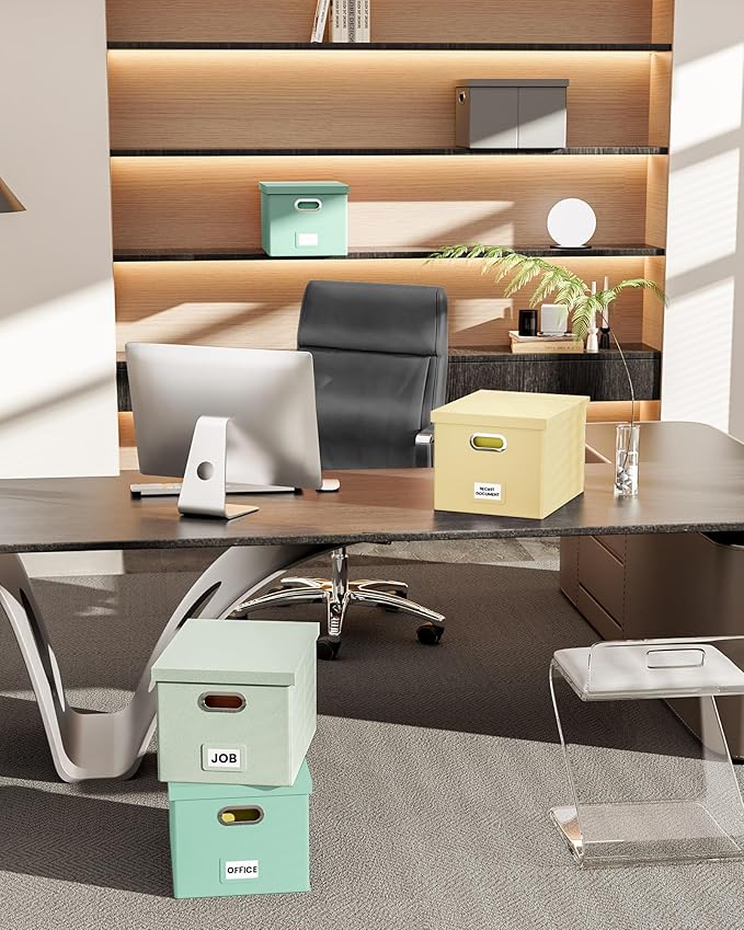 File Organizer Box,Filing Box with Lid,File Box for Letter/Legal File Folder Storage, Portable Hanging File Box for Office/Decor/Home,1 Pack, Grey-green(Leather),Box only, AM03118