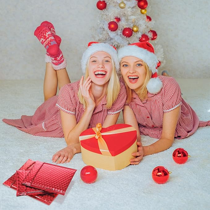 50 Pieces Bubble Mailers 3 Sizes Self Seal Adhesive Poly Mailers Metallic Foil Glitter Padded Shipping Bubble Envelopes for Valentine Mailing Packing Small Business(Red)