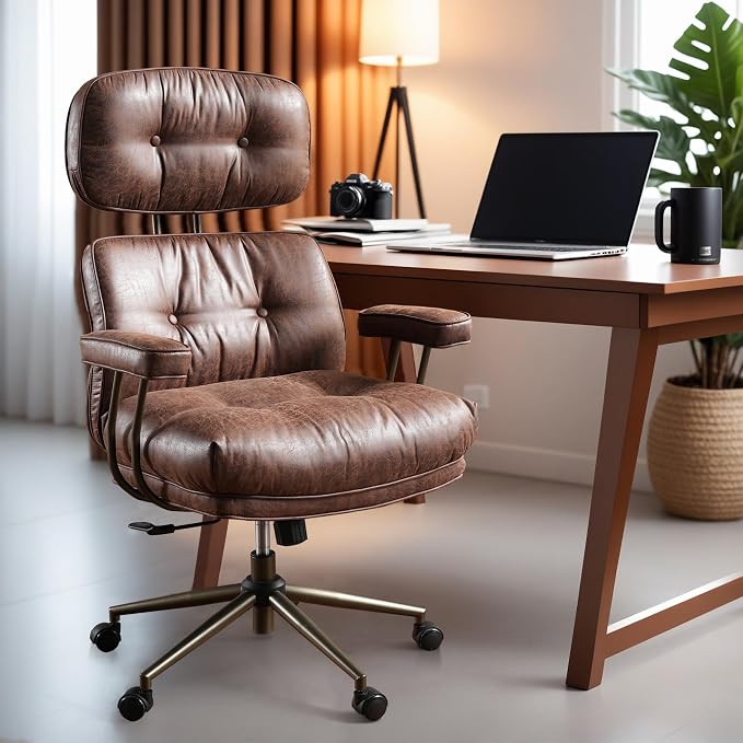 ovios Home Office Chair with Thick Cushion, Mid-Century Modern Faux Leather Ergonomic Chairs, High Back Swivel Rolling Computer Executive Armchair (Dark Brown, Suede Leather)