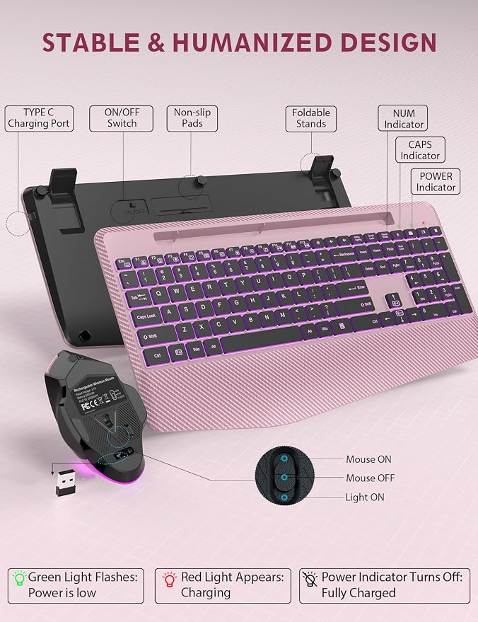 Wireless Keyboard and Mouse Combo, Backlit Scissor Keys, Wrist Rest | 7-Color Backlight, Phone Holder, Rechargeable, LED Mouse, Ergonomic Support, Quiet Typing, Win/Mac/ChromeOS, KM22 Ultra+