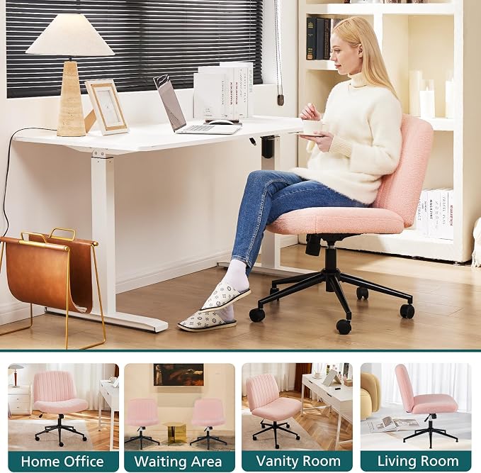 OLIXIS Criss Cross Chair with Wheels, Vanity Chair, Home Office Desk | Furry Teddy Fleece, Wide Seat Armless, Height Adjustable Swivel, Home Computer Task, Bedroom, Study, Pink Teddy