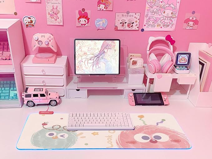 JMIYAV Pink RGB Gaming Mouse Pad 31.5x12 Inch Cute Mousepad PC XL Large Extended Glowing Led Light Up Desk Pad Non-Slip Rubber Base Computer Mat Desk Accessories Gaming Setup Happy Fuzzies