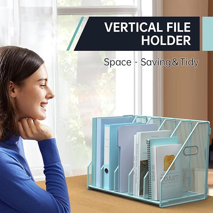 MINDEPOT Desk File Organizer Folder Holder with 5 Vertical for Office, Blue