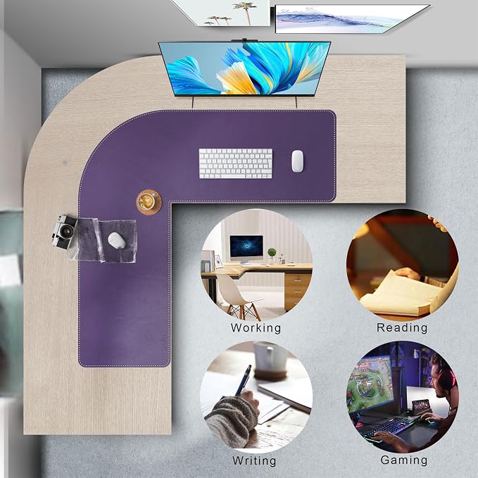 Mydours L-Shape Desk Pad, (38"+38") x13 Large PU Leather Corner Mat, Purple | XXL Large Waterproof Gaming Mouse Pad, Corner Desk Mat Blotter, Desktop Protector for Computer Keyboard Home Office