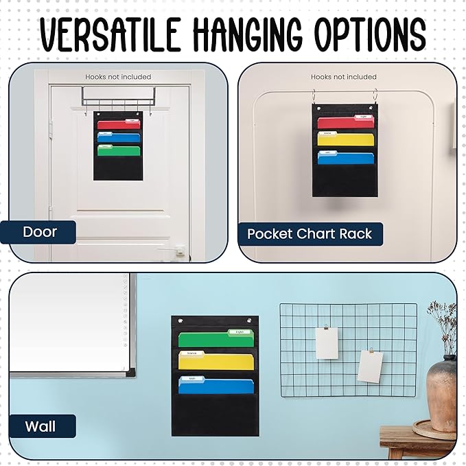 Essex Wares - 3 Pocket File Pocket Chart, Black, 14" Wide x 19.5" Tall | Versatile Wall Hanging File Folder Organizer for Classrooms, Offices, Home, and More - Wall Folder Organizer