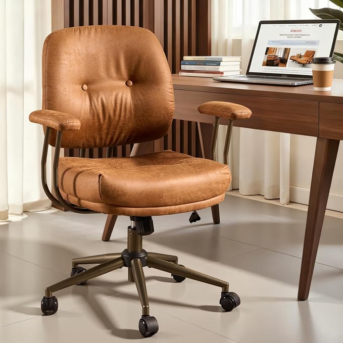 ovios Home Office Chair with Thick Cushion, Mid-Century Modern Faux Leather Ergonomic Chairs, Mid Back Swivel Rolling Computer Executive Armchair (Brown, Suede Leather)