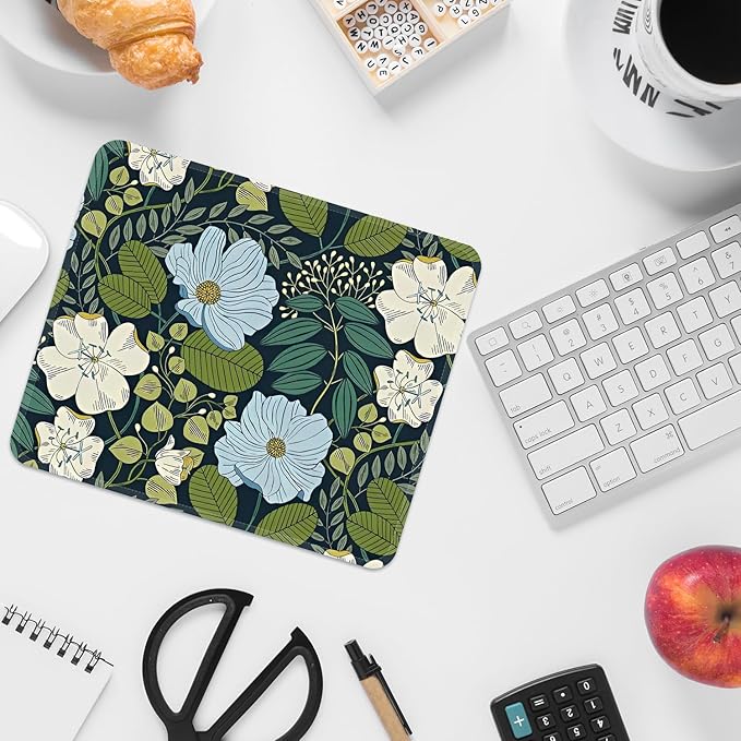 FROGIGO Mouse Pad with Stitched Edges - Cute Floral Mousepad for Women, 9.25 x 7.75 inch Washable Square Desk Pad, Non-Slip Rubber Base, Office Home Laptop Accessories - Olive Floral