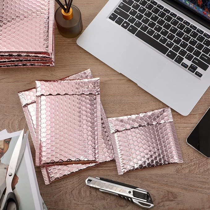 50 Pieces Bubble Mailers 3 Sizes Self Seal Adhesive Poly Mailers Metallic Foil Glitter Padded Shipping Bubble Envelopes for Valentine Mailing Packing Small Business (Rose Gold)