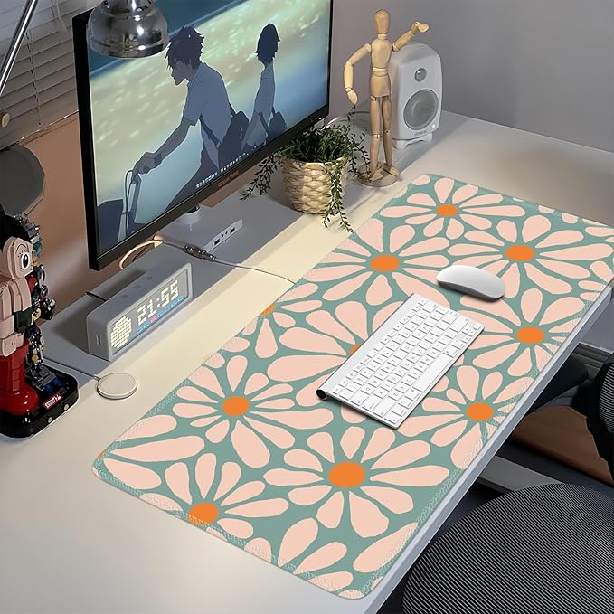 iCasso Desk Mat, Desk Matt for Desktop, Cute Desk Pad Mat, Green Floral | XXL Large Mouse Pad for Desk, Anti-slip Big Mousepad with Stitched Edges, Keyboard Pad Mouse Mat for Computer, Work, Gaming