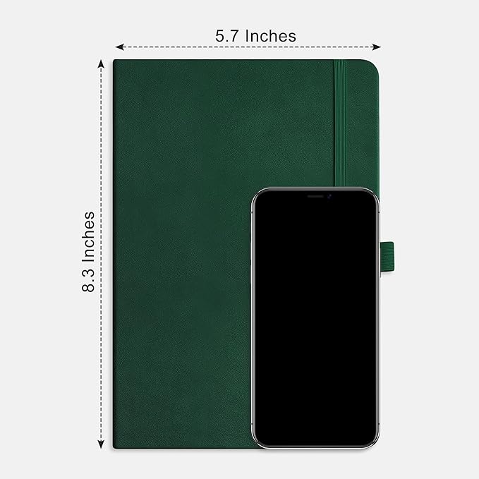 RETTACY Dotted Journal Notebook, 192 Pages, A5 Medium Size (5.7'' x 8.3''), Leather Hardcover, 100 GSM Thick Paper, for Journaling, Planning, Tracking (Dark Green)