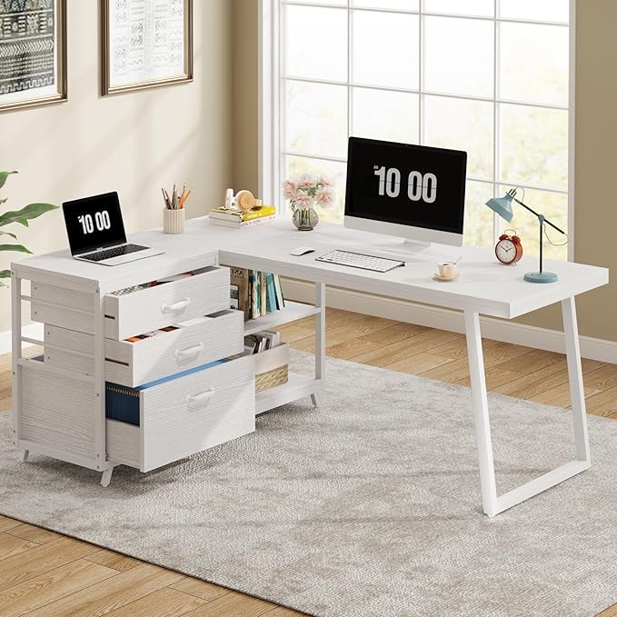 Tribesigns L-Shaped Computer Desk with 3 Drawers, Reversible Corner Home Office Desk with Shelves, 53-Inch Industrial PC Desk Study Writing Table Workstation for Small Space, White