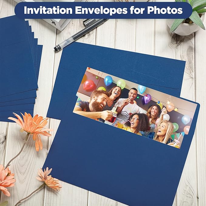 Harloon 100 Pcs A9 Invitation Envelopes 5.75 x 8.75 Inch Self Adhesive Wedding Invitation Envelopes Paper Greeting Card Envelope for Photos Letters Baby Shower Office 110 Gsm Paper(Navy Blue)