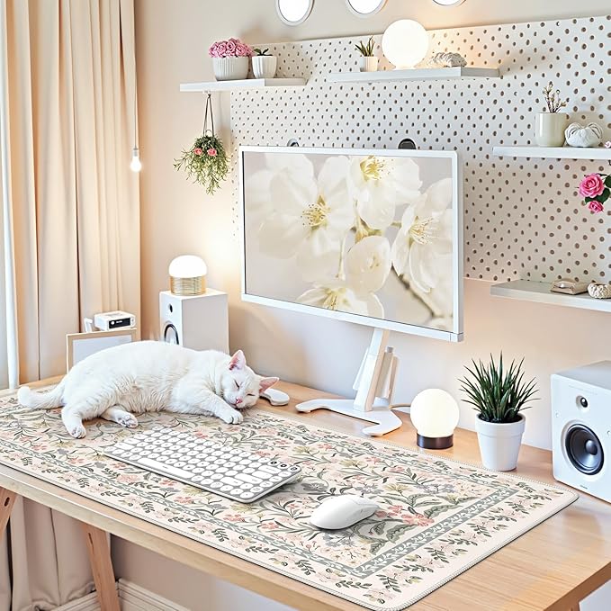 iCasso Desk Mat for Women Desk Accessories, 35.4x15.7in,Cozy Gray Floral | Back to School XXL Large Mouse Pad, Anti-Slip Big Mousepad with Stitched Edges,Smooth Water-Resistant