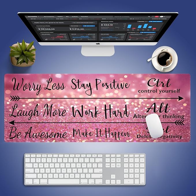 Stay Positive Work Hard with Arrows Large Mouse Pad, Pink Glitter Desk Mat | Inspirational Quote Black Red Design, Motivational, 31.5" x 11.8", XXL Gaming Stitched Keyboard Mat, Smooth, Anti-Slip