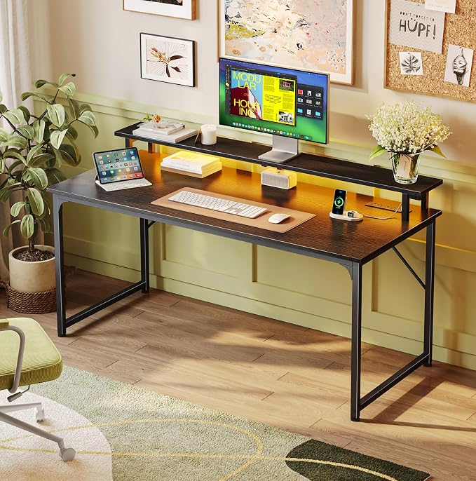 48 inch Gaming Desk, LED & Power Outlets, Monitor Stand, Black | Sturdy PC Desk for Home Office, Study & Work, LED Lights, 4 AC Outlets & USB-C Charging Station