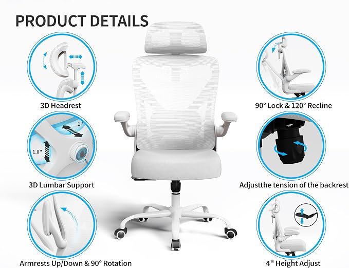 Ergonomic Office Chair: Mesh Desk Chair Comfy with Headrest& Lumbar Support | Ergalithic Big and Tall Office Chairs with Wheels & Flip-Up Arms-Computer Gaming Chairs for Adults Home Office Chairs(White)