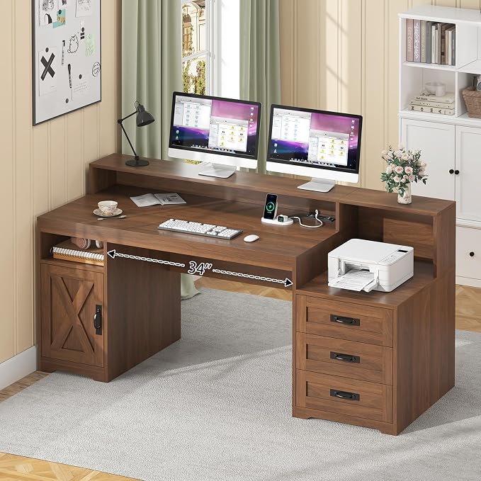 65" Farmhouse Computer Desk with Drawers and Printer Stand for Home Office | Office Desk with Power Outlets and Storage Cabinet, Study Writing Desks with Long Monitor Stand, Brown