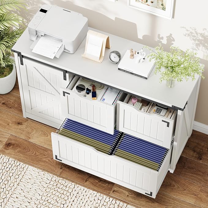 Halitaa 47.8” Farmhouse File Cabinet with Sliding Barn Door, Cream White | Lateral Filing Storage Cabinets with Adjustable Shelf, 3 Drawers,Office Printer Stand for Hanging Files Letter/Legal/A4/F4