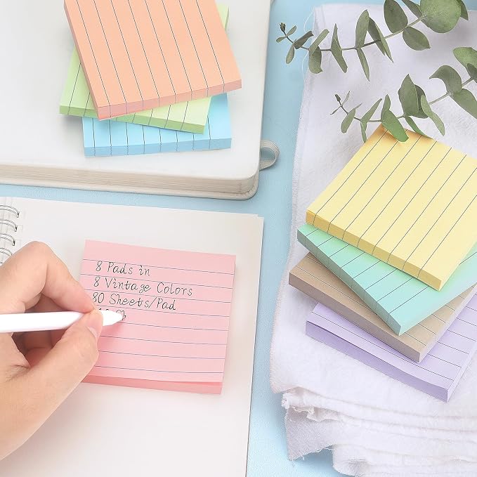 Eastern Wolf Lined Sticky Notes, 3x3 Inch, 8 Pack, Light Colors, 640 Sheets | Premium Self-Adhesive Notepads, for Office, School & Home Use, Easy to Use, Reusable & Removable