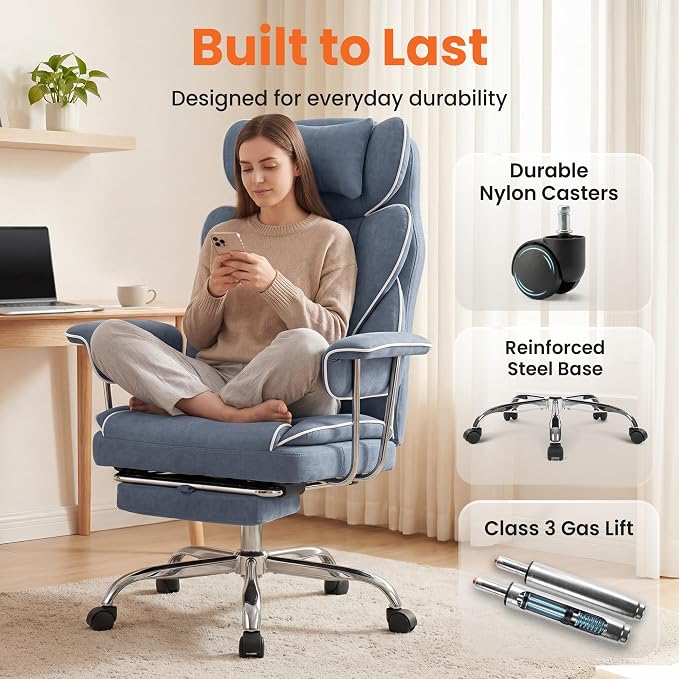 NEO CHAIR Big & Tall Leather Office Chair, High Back, Lumbar Support, Blue | Gaming Chair for Adults and Computer Use, Reclining Office Chair with Foot Rest, Massage, Comfy Design and Heavy Duty Support