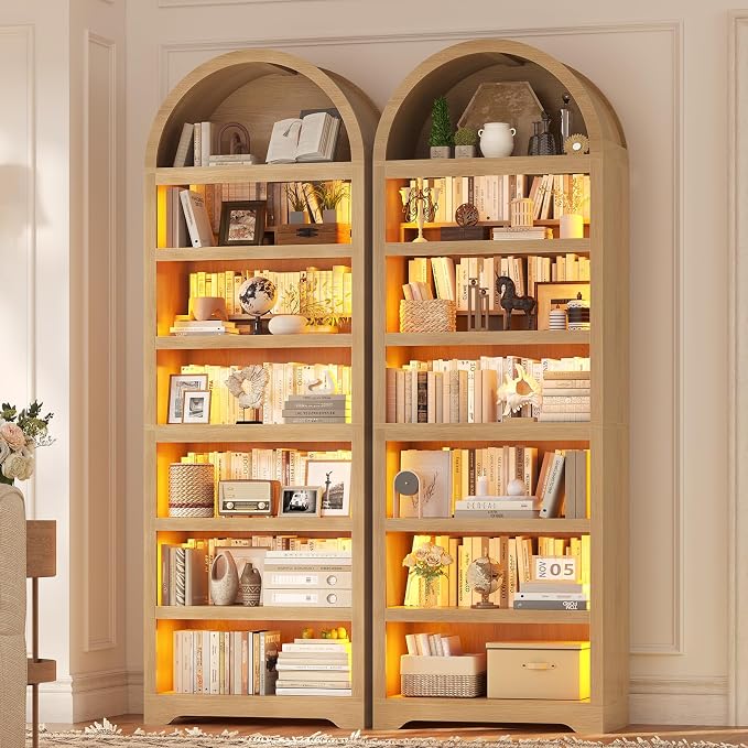 79.4" Tall Arched Cabinet,Bookcase with Storage,Mid-Century Modern 7-Tier Bookshelf with RGB Light,2 Book Risers,Adjustable Shelf offering More Space for Living Room,Kitchen,Home Office(Oak)