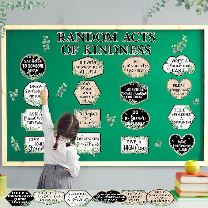 Greenery Random Acts of Kindness Bulletin Board Set Eucalyptus Classroom Bulletin Board Decorations Kindness Challenge Cutouts Classroom Decorations for Back to School Office Chalkboard Decor
