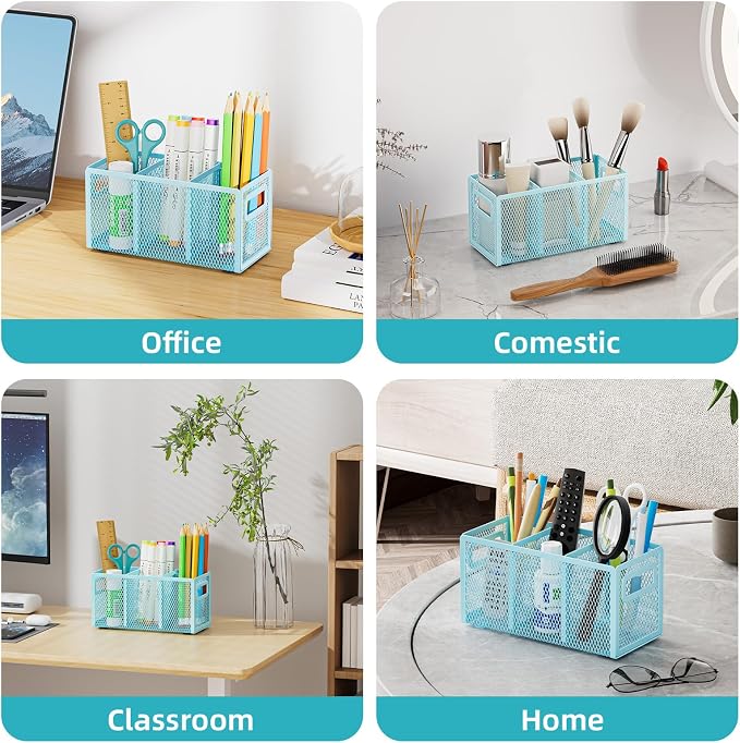 Marbrasse Mesh Pen Holder for Desk, Pencil Holder Desk Organizer 3 Adjustable Compartments, Pencil Cup with Handle Perfect for Classroom, Office, Home, Makeup, Art (Blue)
