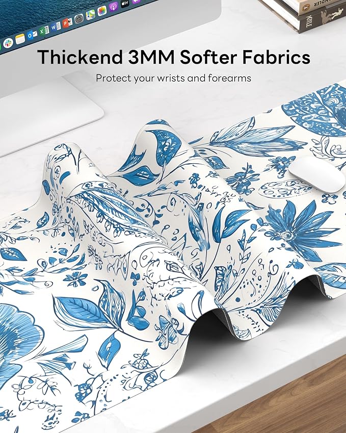 Mouse Pad 31.5x11.8in Large Desk Mat Non-Slip for Office | Stitched edges prevent fraying, rubber non-slip base keeps pad stable, large mousepad for home, work and gaming, Blue Flower