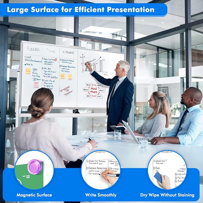 Maxtek Rolling Whiteboard 72 x 36 in Large Magnetic White Board on Wheels | Double-Sided Big Standing Dry Erase Board, Large Portable Writing Surface for Office, School, Home Office, and Homeschool
