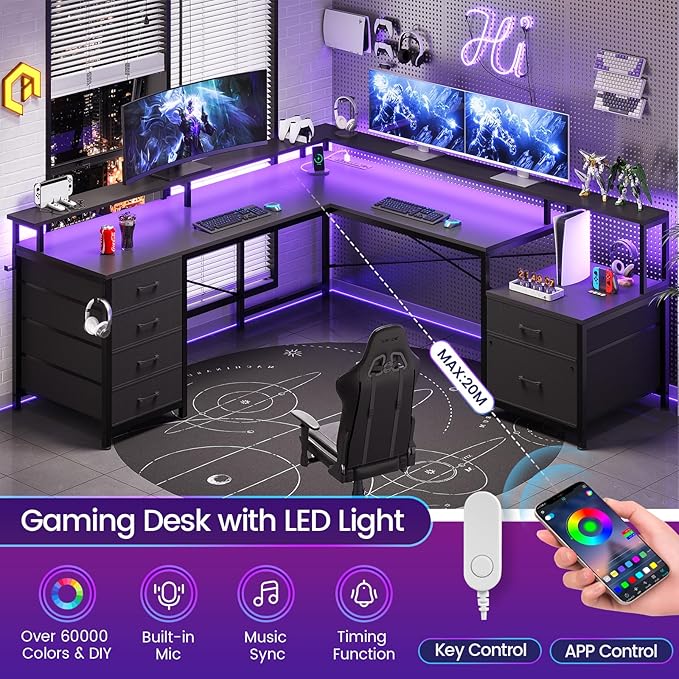 SEDETA L Shaped Computer Desk with 6 Drawer, File Drawer & Power Outlet | 108" Corner Computer Desk with Monitor Shelf, File Cabinet for Home Office/Two Person, Gaming Desk with Led Lights, Black