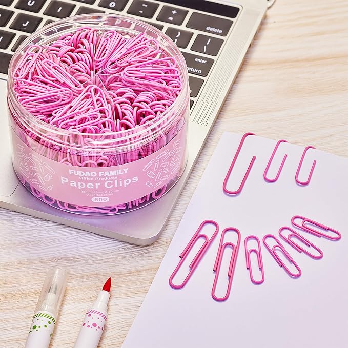 FUDAO FAMILY 500pcs Paper Clips Assorted Sizes, Small, Medium and Large(1.1inch, 1.3inch and 2inch Paper Clips, Vinyl Coated Paperclips for Office, School, Home Supplies (Pink)