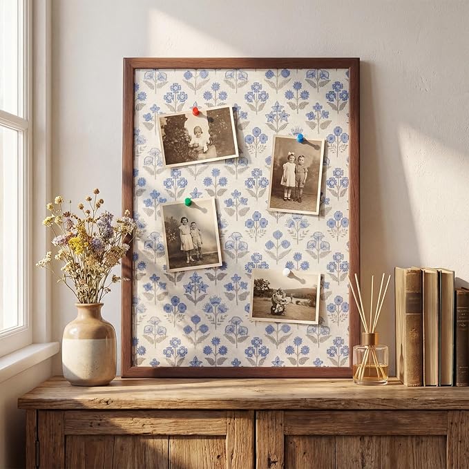 Leinuosen 17 x 23 Cork Board for Walls Decorative Floral Cork Boards with Blue Flower Small Linen Bulletin Board Framed with Pins for Home Room School Office Decor