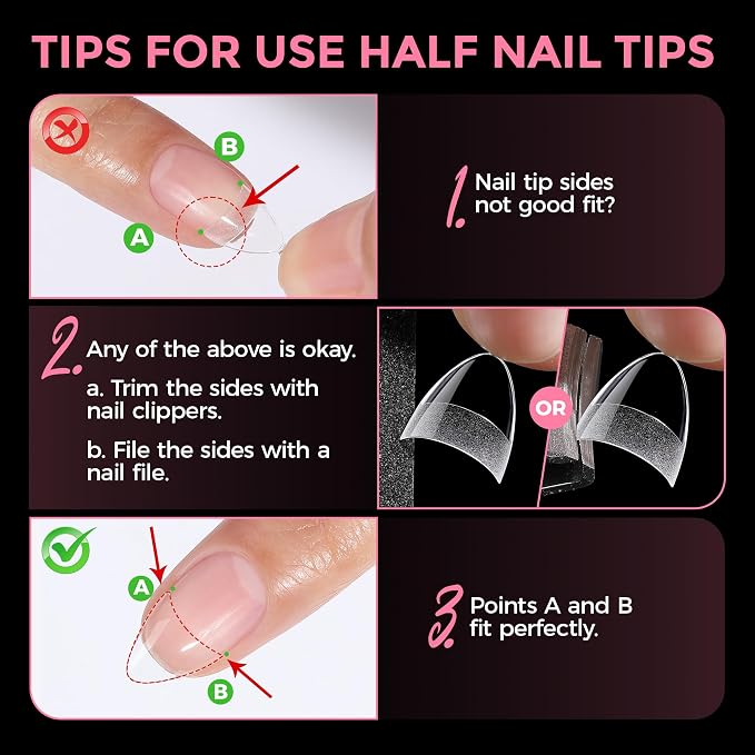UNA GELLA Almond Shape Nail Tips Short: 504pcs Half Cover Almond Tips | Half Matte Clear Gel Fake Nails Self-handle for Nail Extension Easy DIY Nail Salon for Her, 12Sizes