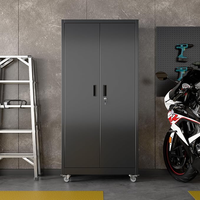 Black Metal Garage Storage Cabinet with Wheels, 34"W x 18"D x 71"H | 5 adjustable shelves hold up to 170 lb each; 4 lockable casters and lockable doors organize tools and supplies.