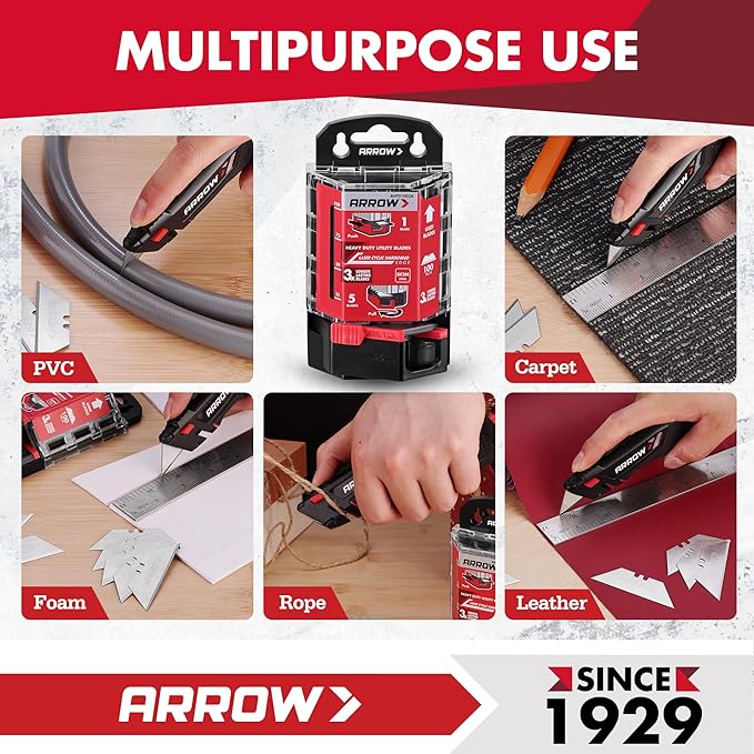 ARROW 100-Pack SK2 Utility Knife Blades, Premium Tempered Steel Box Cutter Blades with Convenient Dispenser, Sharp & Durable Replacement Blades for Cutting, Crafting, DIY Projects