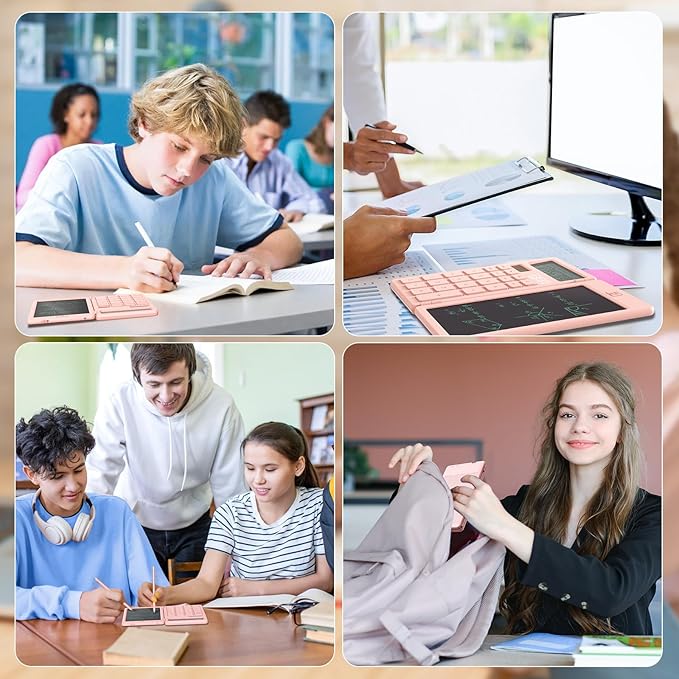 Desk Calculators with Erasable LCD Notepad ROATEE Basic Calculators Pink Cute School Supplies for Girls Middle School Stuff Cute Pocket Office Supplies Home Essential Solar & Battery Energy Big Button
