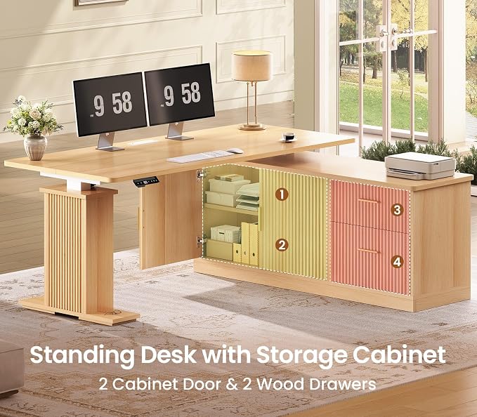 SEDETA Fluted L Shaped Executive Electric Standing Desk with Drawers | 55 inch Height Adjustable Office Desk with Storage, Sit Stand Corner Computer Desk with Power Outlets for Home Office, Oak