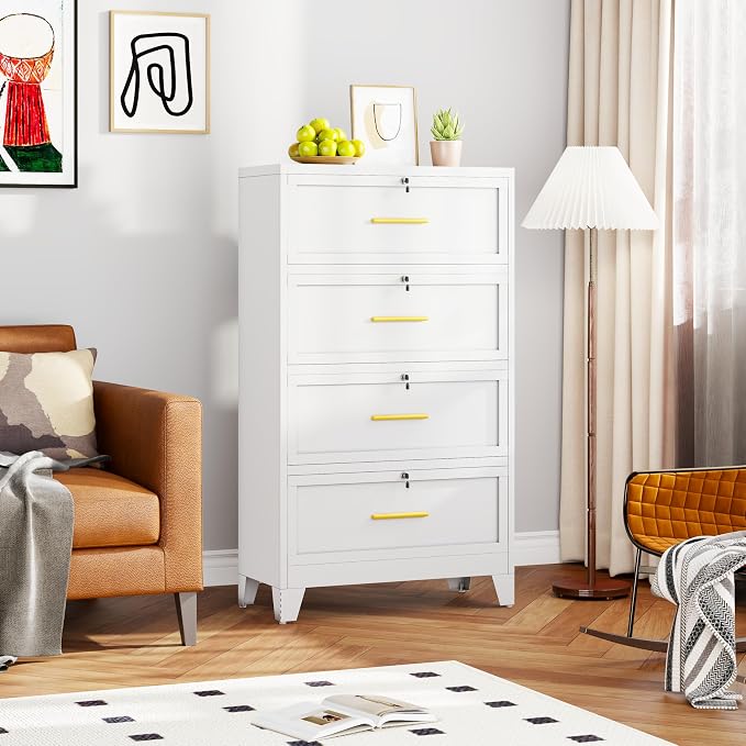 4 Drawer File Cabinet with Lock, Wide Metal Cabinet for Home Office | Wide lateral file cabinet for Letter, Legal, A4 and F4 hanging folders; individual locks, adjustable feet, anti-tip design