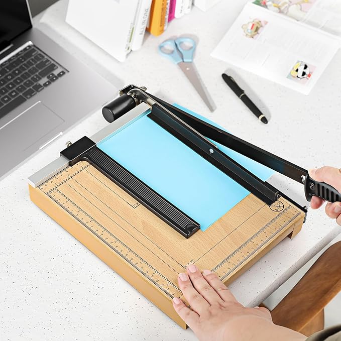12" Wood Paper Cutter, Heavy Duty Trimmer Cuts 12-16 Sheets | With wood base, dual-scale ruler, adjustable guide, safety guard rail, and blade lock for crafts, cardstock, and DIY projects