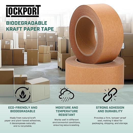 Lockport Eco Friendly Brown Packing Tape, 2 Inch x 50 Yards, 3 Rolls of Brown Kraft Paper Tape with Strong Adhesion for Moving Boxes, Shipping & Packaging, Biodegradable Waterproof Heavy Duty