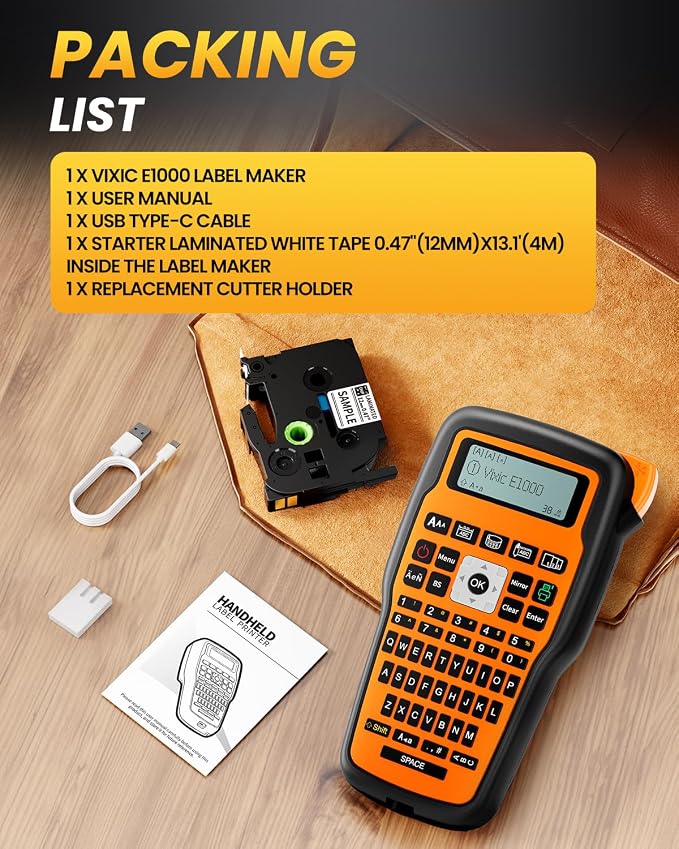 Vixic Label Maker Waterproof-Labels, E1000 Industrial Wire Cable Labelmaker | Heat Shrink Labeler Machine, Handheld Electric Label Makers with Keyboard, Laminated-Tape for Electrician IT Network Office