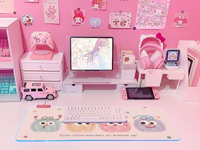 JMIYAV Pink RGB Gaming Mouse Pad 31.5x12 Inch Cute Mousepad PC XL Large Extended Glowing Led Light Up Desk Pad Non-Slip Rubber Base Computer Mat Desk Accessories Gaming Setup Party Puffs