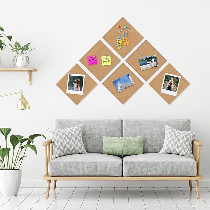NACHLYNN Cork Board 12 Pack 17 x 8 Square Bulletin Board for Wall Self-Adhesive Corkboards with 100 Push Pins Frameless Cork Tiles for Walls Home Office
