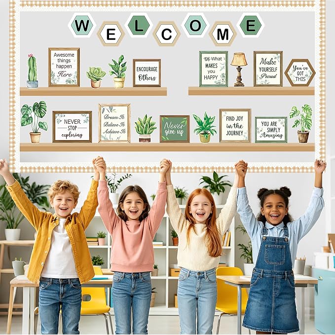 55Pcs Welcome Back to School Bulletin Board Decorations Set, Greenery Plant Bookshelf Inspirational Classroom Decorations, Welcome Affirmation Cutouts for Wall Door Classroom Office Elementary Middle