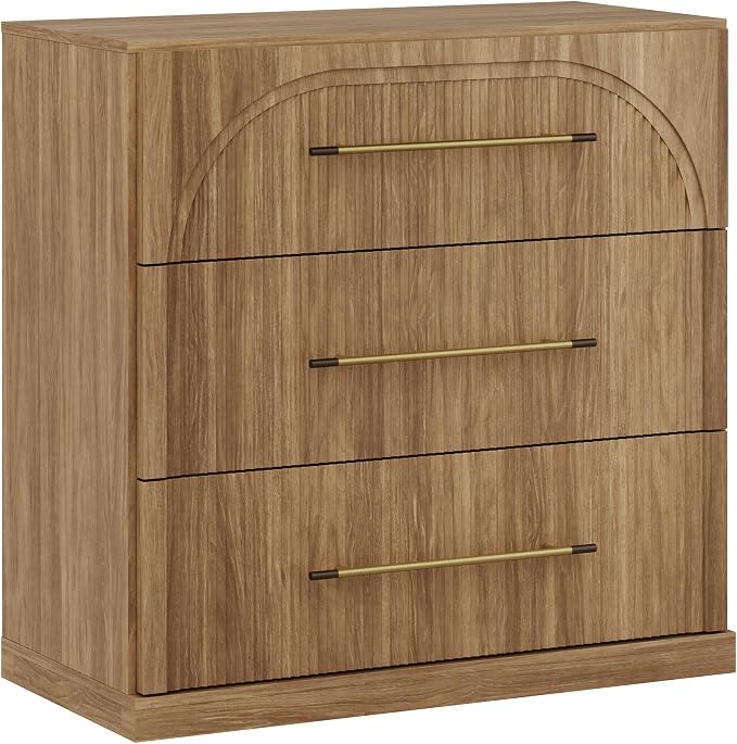 BELLEZE Bookcase with 3 Drawers, Modern Book Shelf with Metal Handle, Wood Bookshelves for Living Room Office Entryway (Camel)